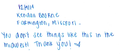 Guestbook Message From Kendall Bourne December 2014